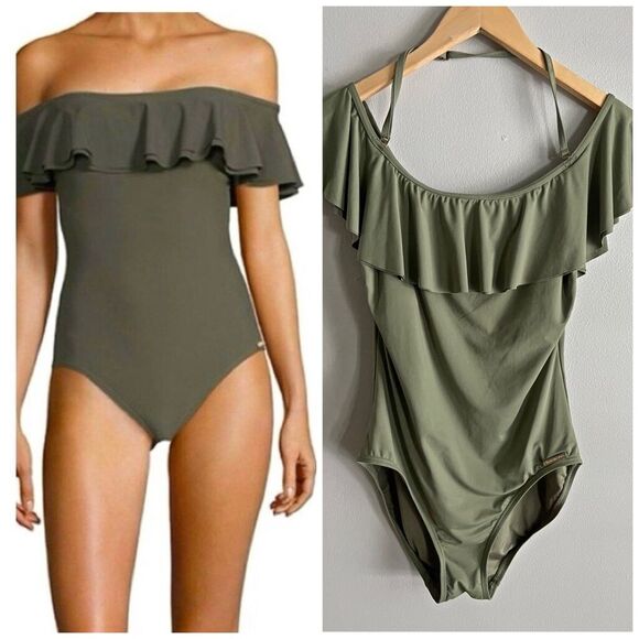 Michael Kors Olive Off Shoulder Ruffle One Piece Swimsuit Size 10 - Picture 1 of 7